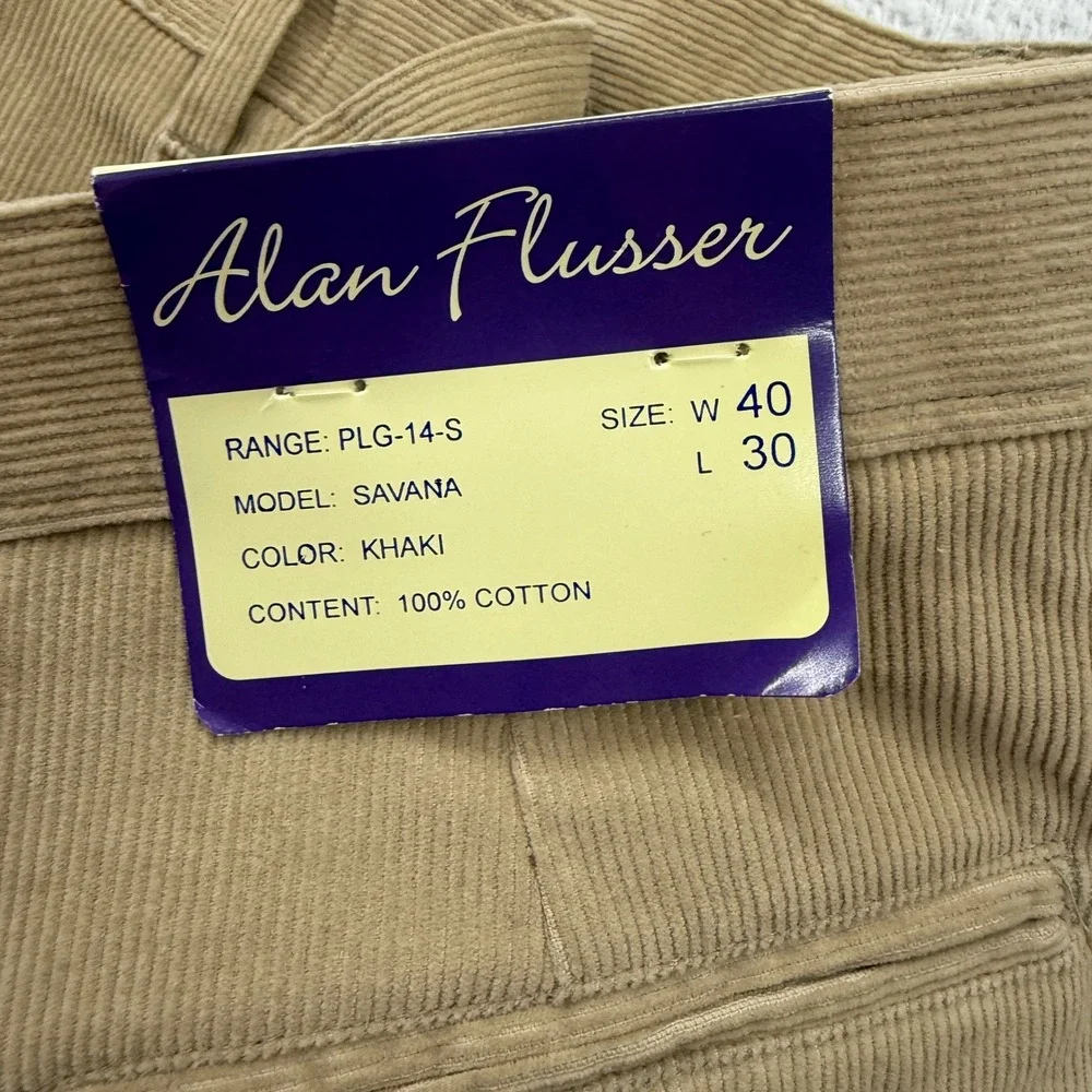 Alan Flusser Savana Corduroy Pant Mens 40x30 Khaki Tan Pleated Cuffed Cotton NEW